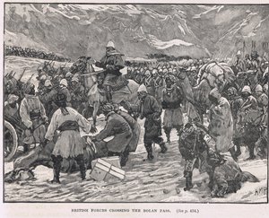 ボーラン峠を横断するイギリス軍、カッセルの「イギリスのイラスト入りの歴史」のイラスト、1910年頃 作： Henry Marriott Paget